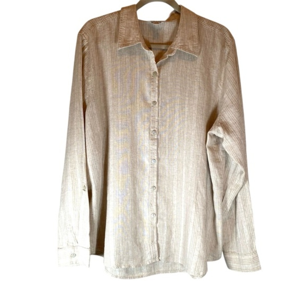 ORVIS Linen Button Up Shirt Tan Cream Stripes XL